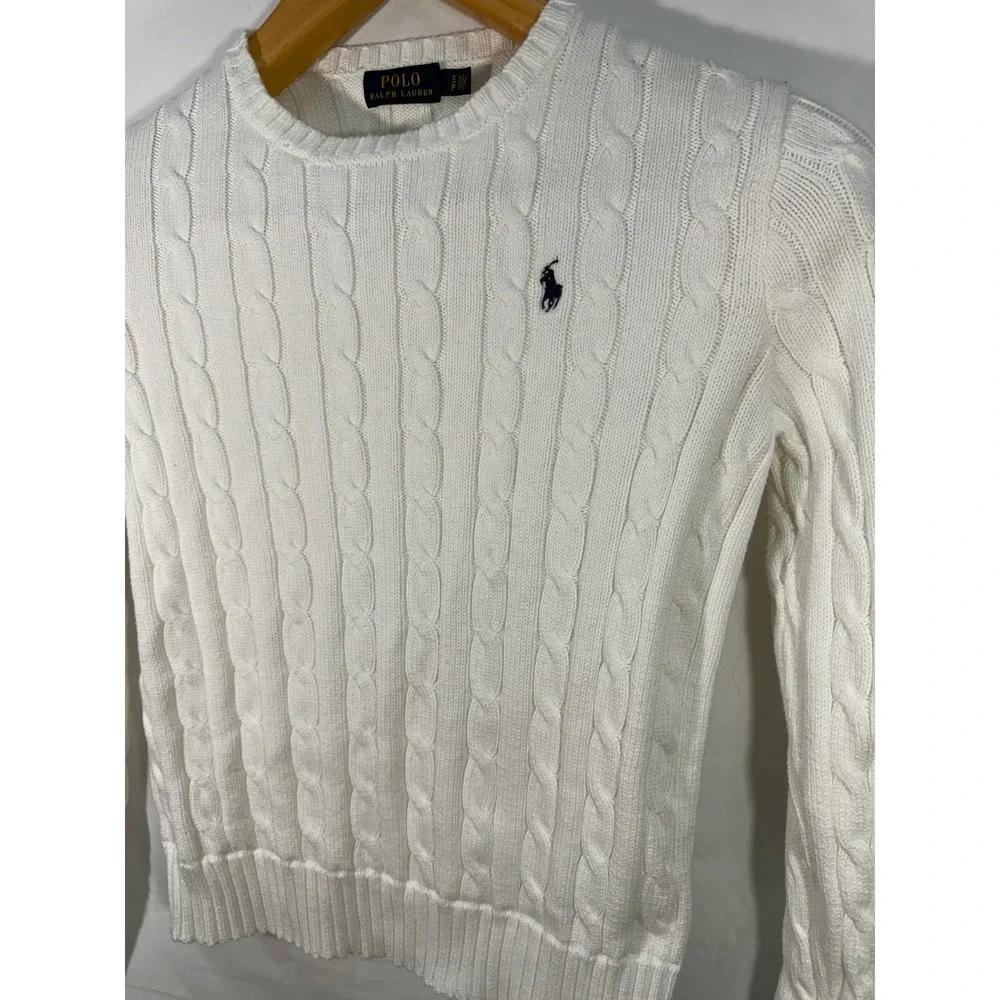 Polo Ralph Lauren White Cable Knit Cotton Sweater Crew Neck Navy Pony Small SP